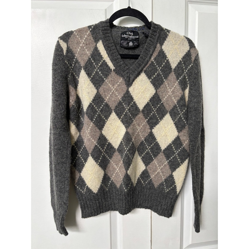 Vintage Club‎ International Wool Argyle Sweater Womens M Gray Academia Preppy